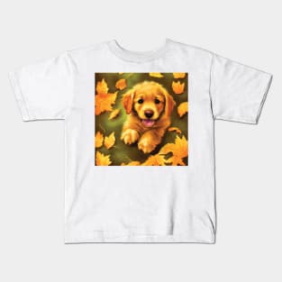 Golden Labrador Puppy in Beautiful Autumn Leaves Kids T-Shirt